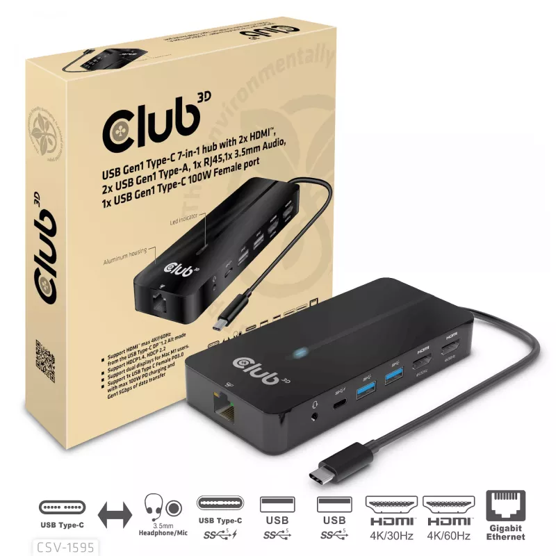 Hub CLUB3D Type-C 7-em-1 com 2x HDMI, 2x USB Gen1 Type-A, 1x RJ45, 1x áudio 3,5 mm, 1x conector fêmea USB Gen1 Type-C 100W