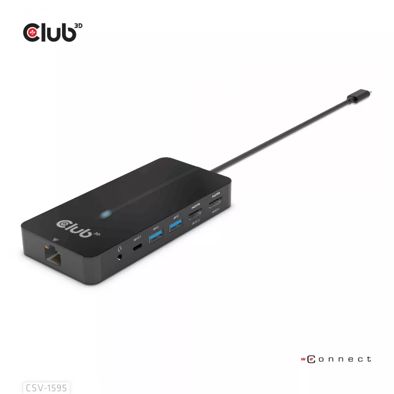 Hub CLUB3D Type-C 7-em-1 com 2x HDMI, 2x USB Gen1 Type-A, 1x RJ45, 1x áudio 3,5 mm, 1x conector fêmea USB Gen1 Type-C 100W