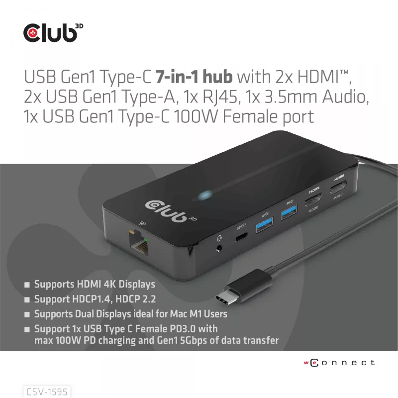 Hub CLUB3D Type-C 7-em-1 com 2x HDMI, 2x USB Gen1 Type-A, 1x RJ45, 1x áudio 3,5 mm, 1x conector fêmea USB Gen1 Type-C 100W
