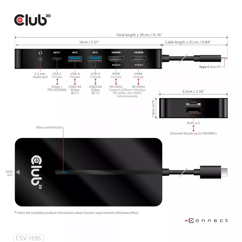 Hub CLUB3D Type-C 7-em-1 com 2x HDMI, 2x USB Gen1 Type-A, 1x RJ45, 1x áudio 3,5 mm, 1x conector fêmea USB Gen1 Type-C 100W