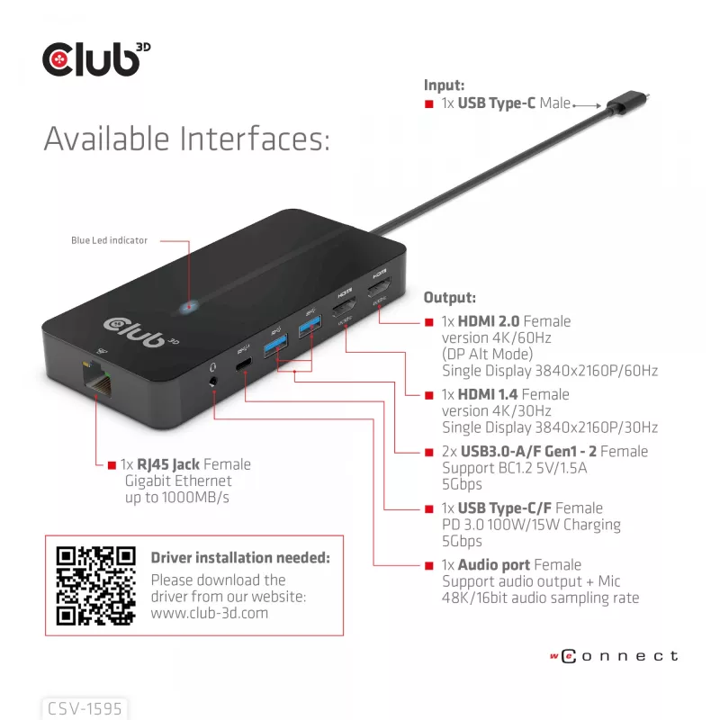 Hub CLUB3D Type-C 7-em-1 com 2x HDMI, 2x USB Gen1 Type-A, 1x RJ45, 1x áudio 3,5 mm, 1x conector fêmea USB Gen1 Type-C 100W
