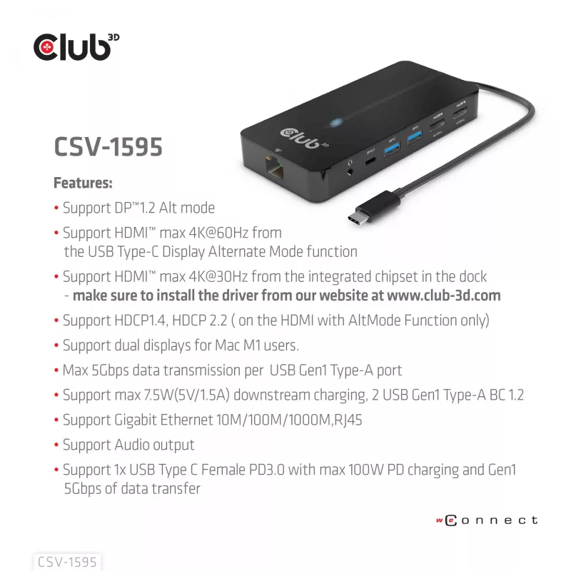 Hub CLUB3D Type-C 7-em-1 com 2x HDMI, 2x USB Gen1 Type-A, 1x RJ45, 1x áudio 3,5 mm, 1x conector fêmea USB Gen1 Type-C 100W