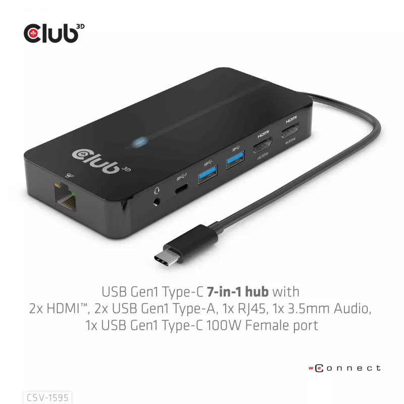 Hub CLUB3D Type-C 7-em-1 com 2x HDMI, 2x USB Gen1 Type-A, 1x RJ45, 1x áudio 3,5 mm, 1x conector fêmea USB Gen1 Type-C 100W