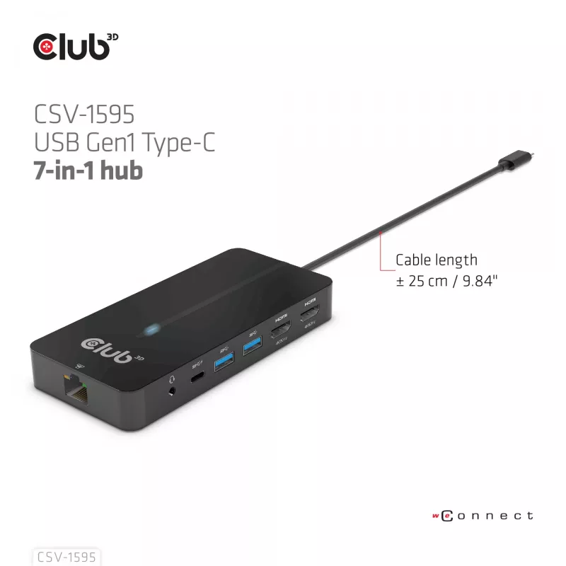 Hub CLUB3D Type-C 7-em-1 com 2x HDMI, 2x USB Gen1 Type-A, 1x RJ45, 1x áudio 3,5 mm, 1x conector fêmea USB Gen1 Type-C 100W