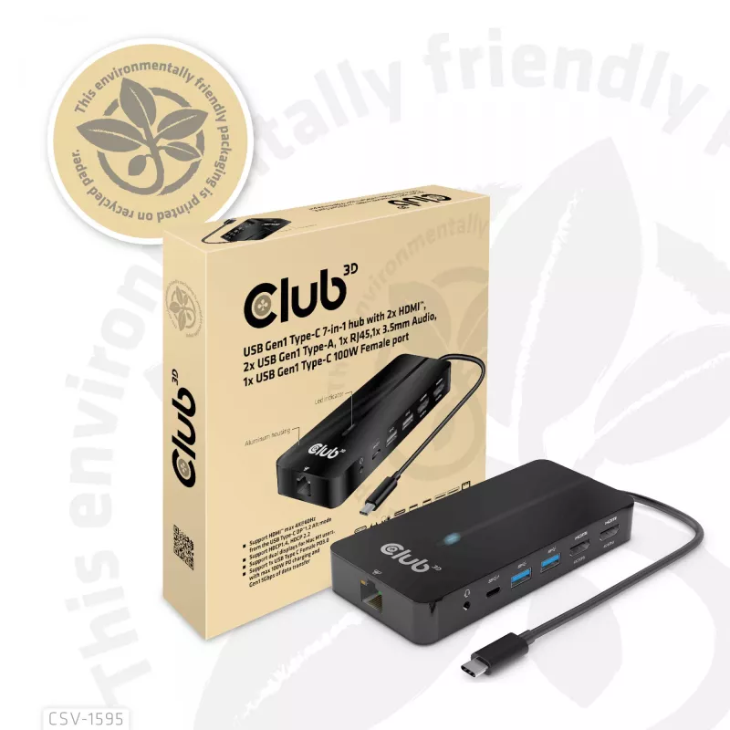 Hub CLUB3D Type-C 7-em-1 com 2x HDMI, 2x USB Gen1 Type-A, 1x RJ45, 1x áudio 3,5 mm, 1x conector fêmea USB Gen1 Type-C 100W