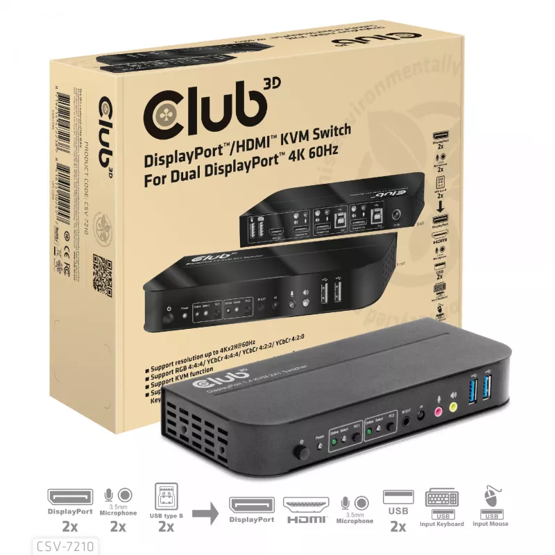 KVM Switch CLUB3D DisplayPort/HDMI para Dual DisplayPort 4K 60Hz