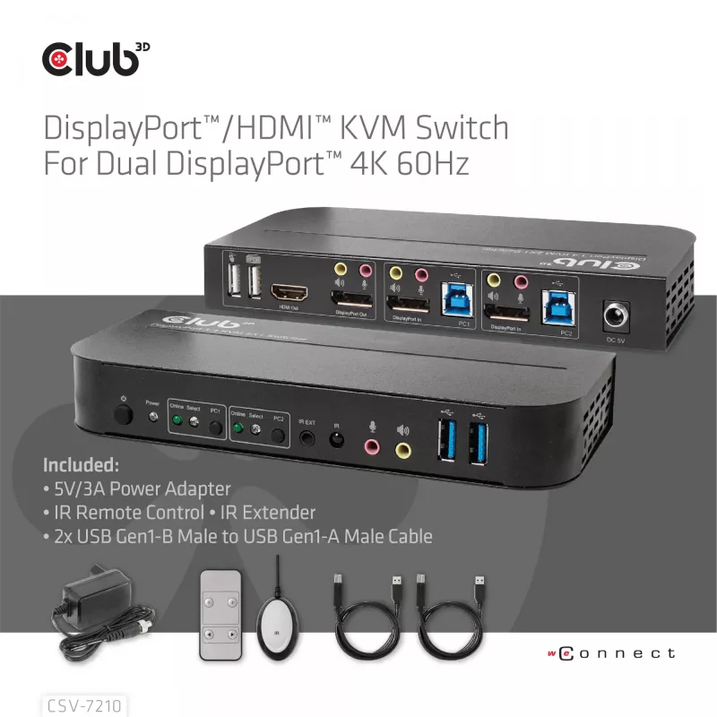 KVM Switch CLUB3D DisplayPort/HDMI para Dual DisplayPort 4K 60Hz