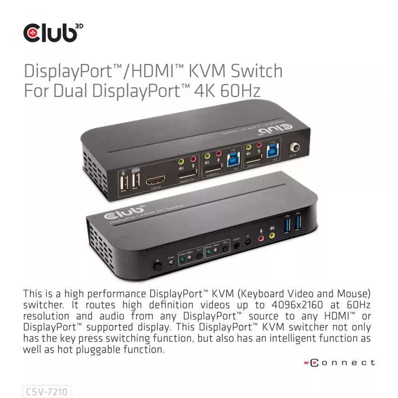 KVM Switch CLUB3D DisplayPort/HDMI para Dual DisplayPort 4K 60Hz