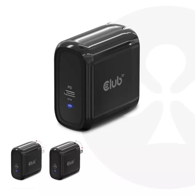 Carregador de viagem CLUB3D 65W tecnologia GAN, porta única USB Type-C, suporte Power Delivery (PD) 3.0