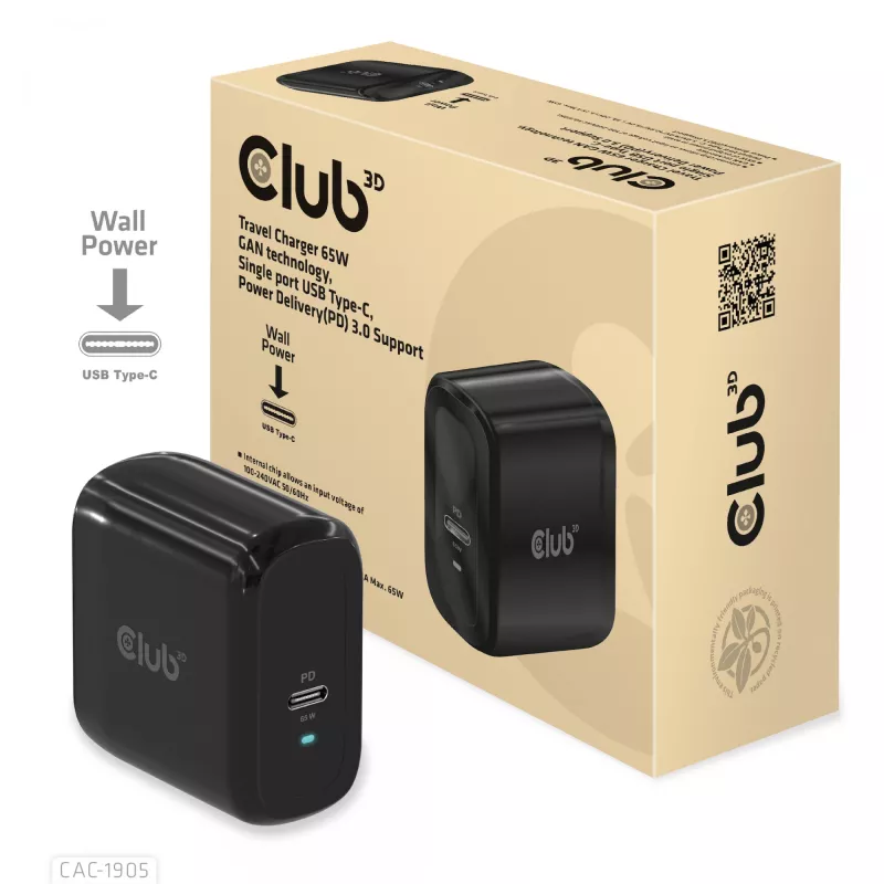 Carregador de viagem CLUB3D 65W tecnologia GAN, porta única USB Type-C, suporte Power Delivery (PD) 3.0