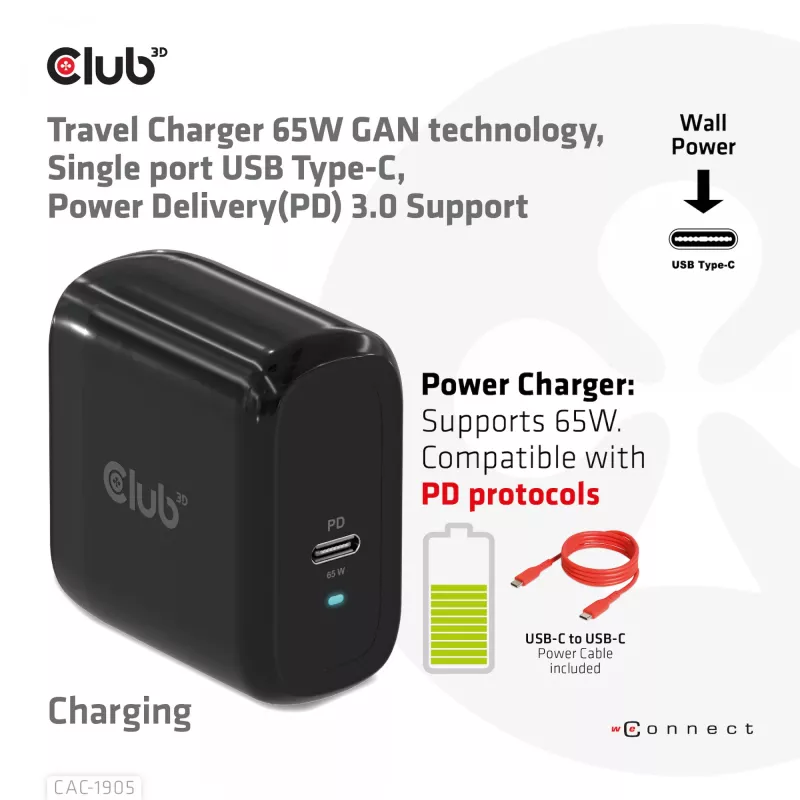 Carregador de viagem CLUB3D 65W tecnologia GAN, porta única USB Type-C, suporte Power Delivery (PD) 3.0
