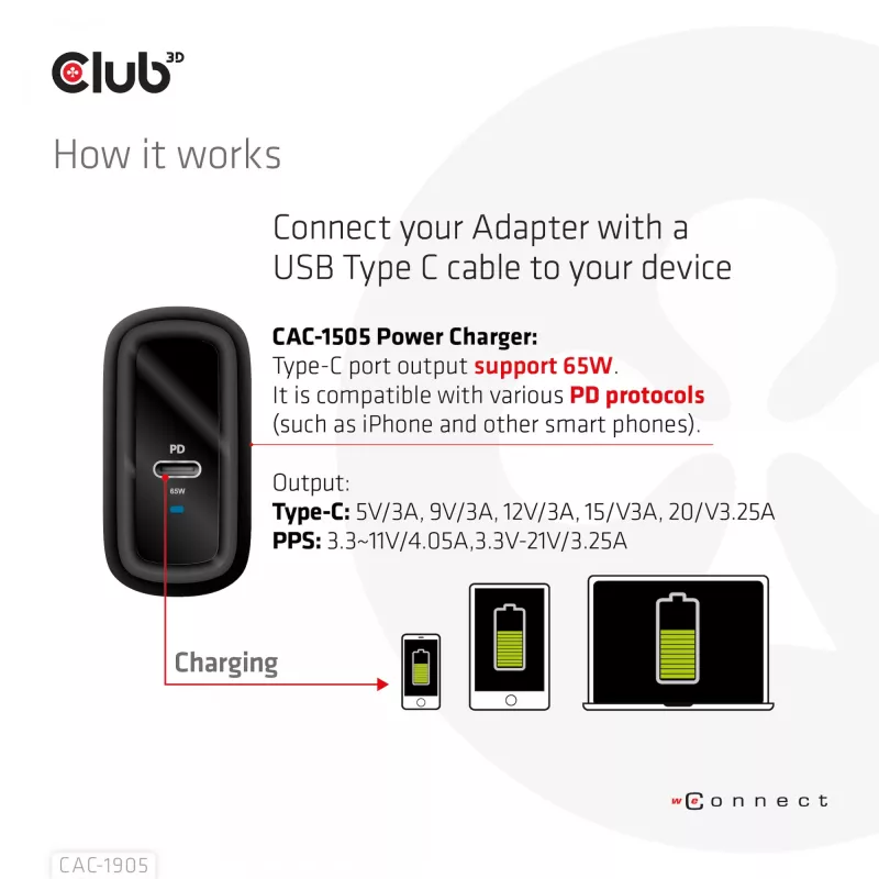 Carregador de viagem CLUB3D 65W tecnologia GAN, porta única USB Type-C, suporte Power Delivery (PD) 3.0
