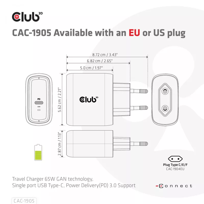 Carregador de viagem CLUB3D 65W tecnologia GAN, porta única USB Type-C, suporte Power Delivery (PD) 3.0