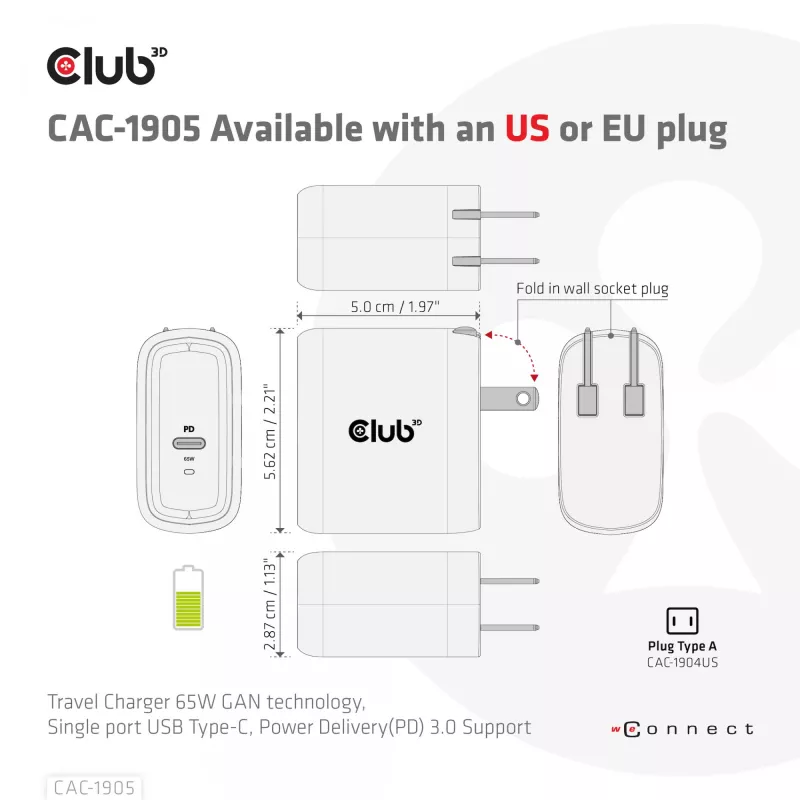 Carregador de viagem CLUB3D 65W tecnologia GAN, porta única USB Type-C, suporte Power Delivery (PD) 3.0
