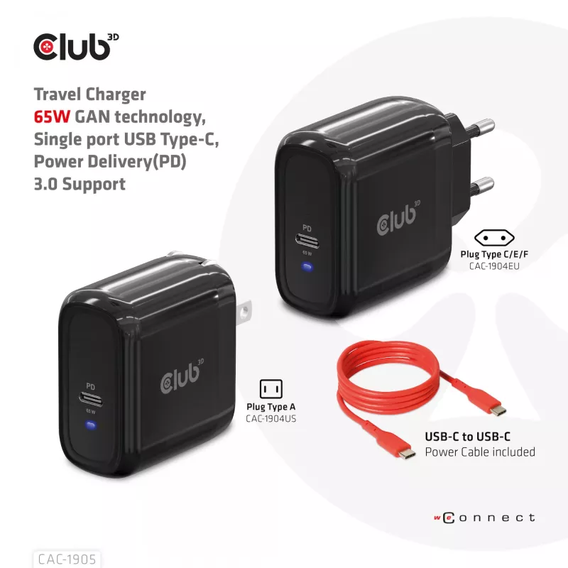 Carregador de viagem CLUB3D 65W tecnologia GAN, porta única USB Type-C, suporte Power Delivery (PD) 3.0