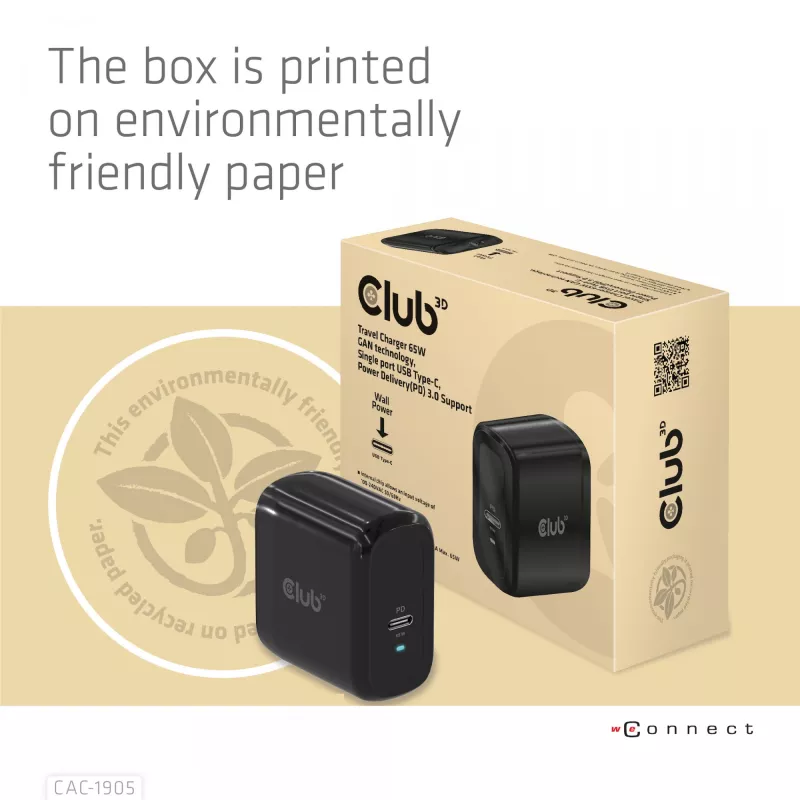 Carregador de viagem CLUB3D 65W tecnologia GAN, porta única USB Type-C, suporte Power Delivery (PD) 3.0
