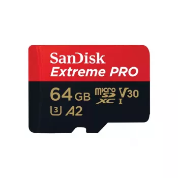 Cartão de memória flash MicroSDXC SANDISK Extreme PRO 64GB UHS‑I U3 V30 A2, leitura 200 MB/s, escrita 90–140 MB/s, inclui adaptador SD