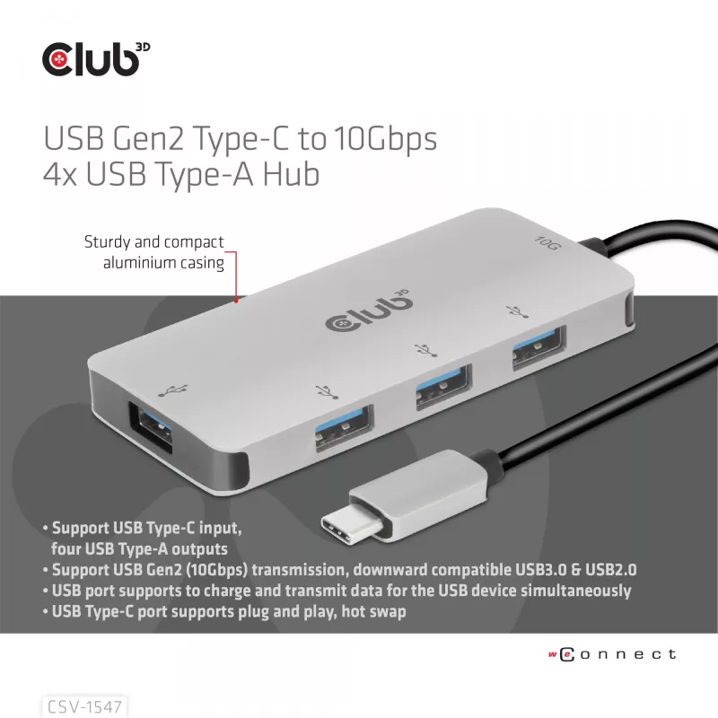 Hub CLUB3D USB-A 4 portas para USB-C – transferência rápida de 10 Gbps