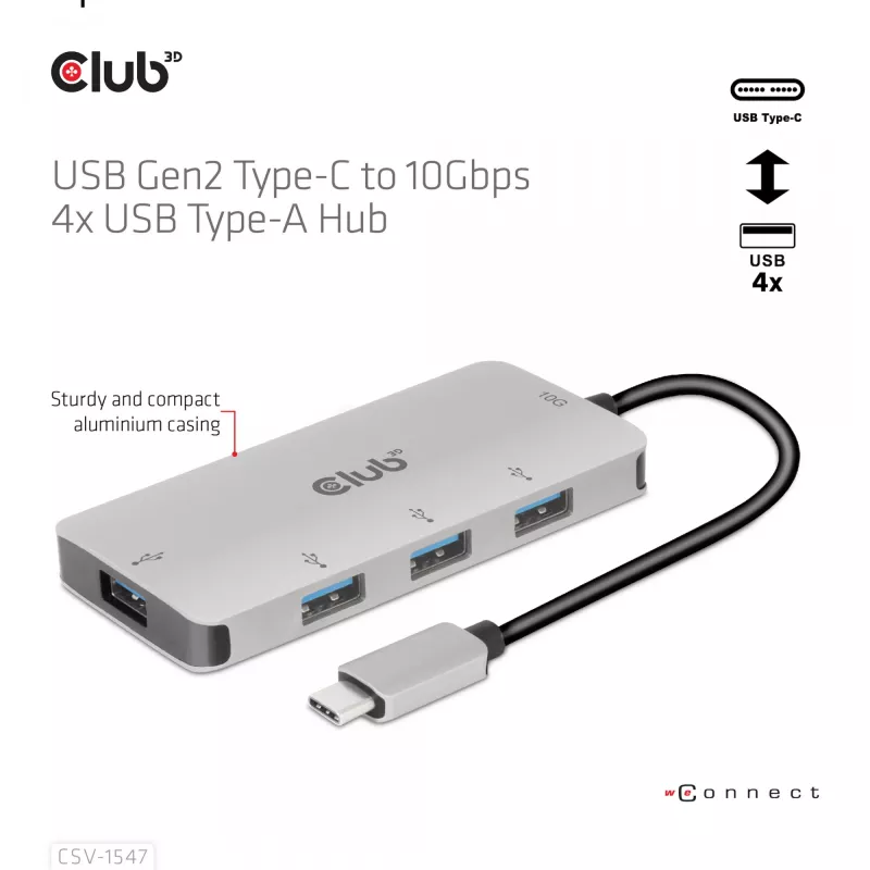 Hub CLUB3D USB-A 4 portas para USB-C – transferência rápida de 10 Gbps
