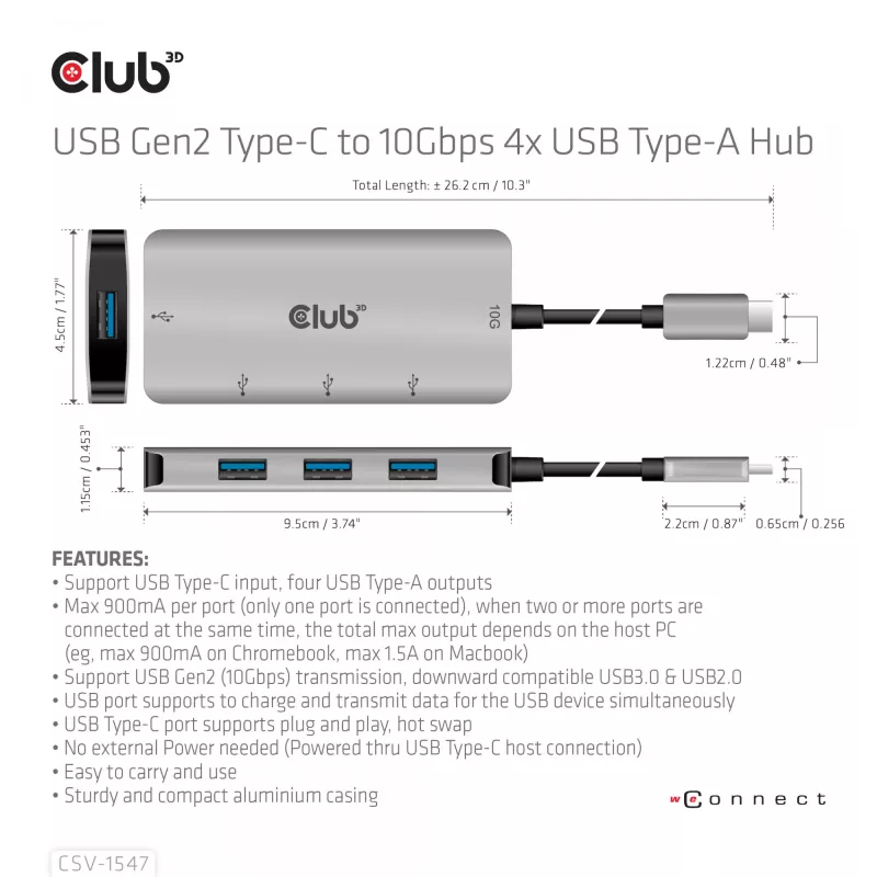 Hub CLUB3D USB-A 4 portas para USB-C – transferência rápida de 10 Gbps