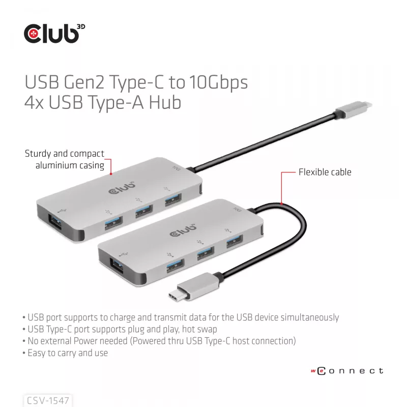 Hub CLUB3D USB-A 4 portas para USB-C – transferência rápida de 10 Gbps
