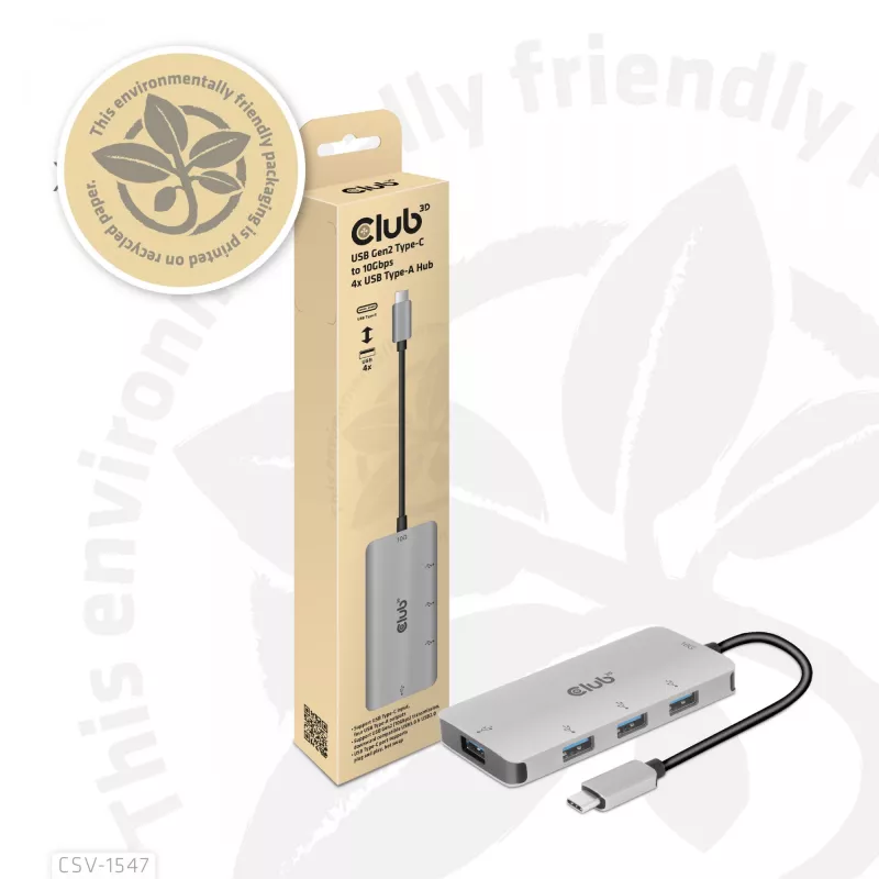 Hub CLUB3D USB-A 4 portas para USB-C – transferência rápida de 10 Gbps