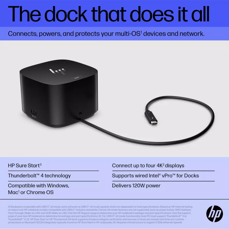 Dock HP Thunderbolt 120W G4, com fios, Thunderbolt 4, preto, Kensington, China, Tailândia, Taiwan, Business