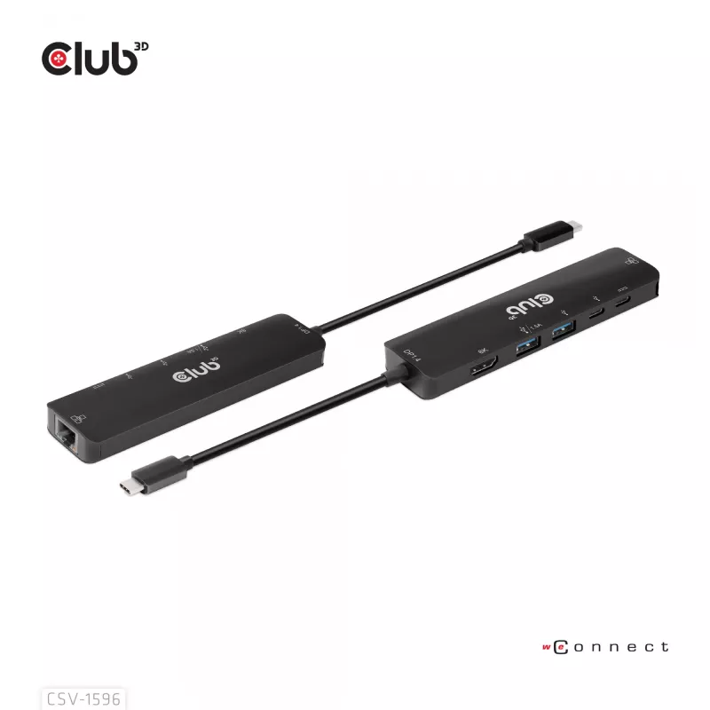 CLUB3D USB Gen1 Type-C, Hub 6 em 1 com HDMI 8K30Hz, 2xUSB Type-A, RJ45 e 2xUSB Type-C, dados e carregamento PD 100 Watt