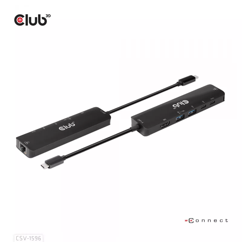 CLUB3D USB Gen1 Type-C, Hub 6 em 1 com HDMI 8K30Hz, 2xUSB Type-A, RJ45 e 2xUSB Type-C, dados e carregamento PD 100 Watt