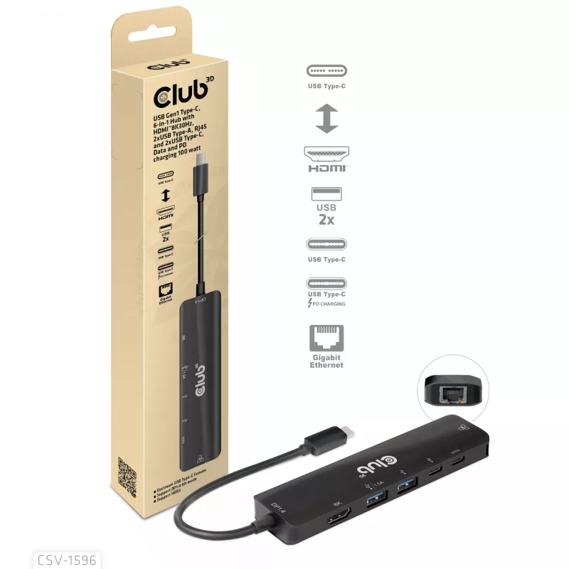 CLUB3D USB Gen1 Type-C, Hub 6 em 1 com HDMI 8K30Hz, 2xUSB Type-A, RJ45 e 2xUSB Type-C, dados e carregamento PD 100 Watt