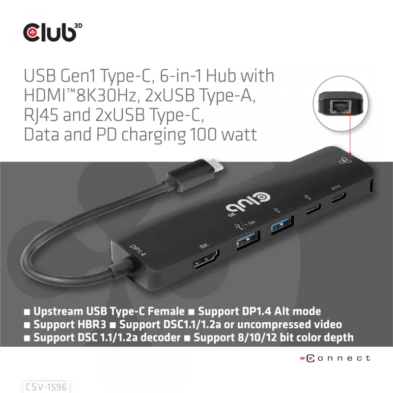 CLUB3D USB Gen1 Type-C, Hub 6 em 1 com HDMI 8K30Hz, 2xUSB Type-A, RJ45 e 2xUSB Type-C, dados e carregamento PD 100 Watt