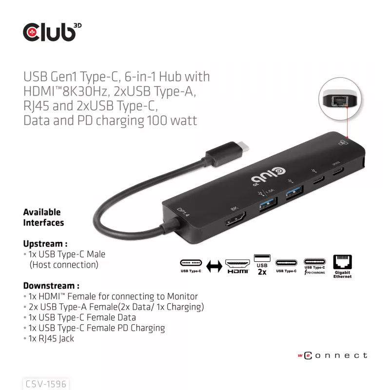 CLUB3D USB Gen1 Type-C, Hub 6 em 1 com HDMI 8K30Hz, 2xUSB Type-A, RJ45 e 2xUSB Type-C, dados e carregamento PD 100 Watt