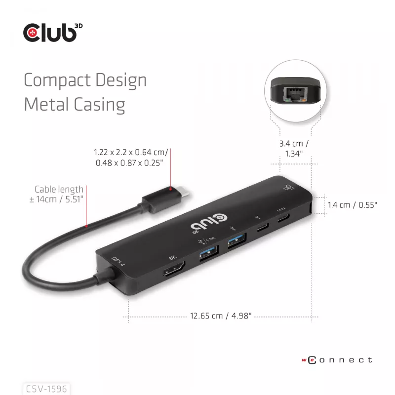 CLUB3D USB Gen1 Type-C, Hub 6 em 1 com HDMI 8K30Hz, 2xUSB Type-A, RJ45 e 2xUSB Type-C, dados e carregamento PD 100 Watt