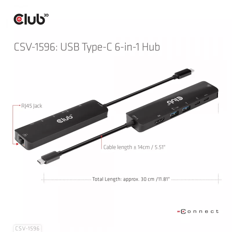 CLUB3D USB Gen1 Type-C, Hub 6 em 1 com HDMI 8K30Hz, 2xUSB Type-A, RJ45 e 2xUSB Type-C, dados e carregamento PD 100 Watt