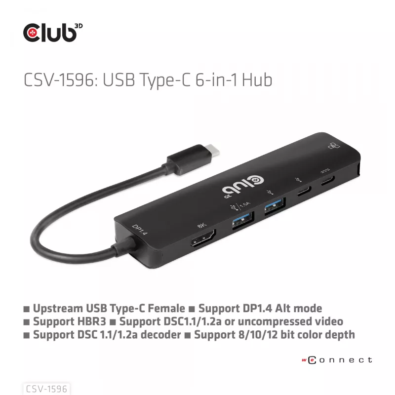 CLUB3D USB Gen1 Type-C, Hub 6 em 1 com HDMI 8K30Hz, 2xUSB Type-A, RJ45 e 2xUSB Type-C, dados e carregamento PD 100 Watt