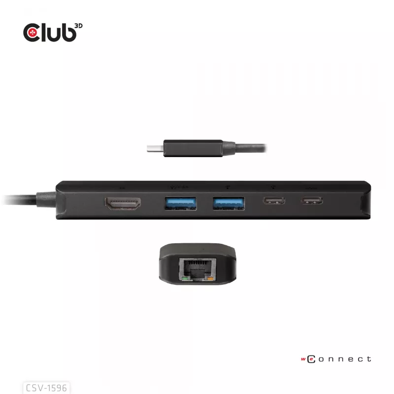 CLUB3D USB Gen1 Type-C, Hub 6 em 1 com HDMI 8K30Hz, 2xUSB Type-A, RJ45 e 2xUSB Type-C, dados e carregamento PD 100 Watt