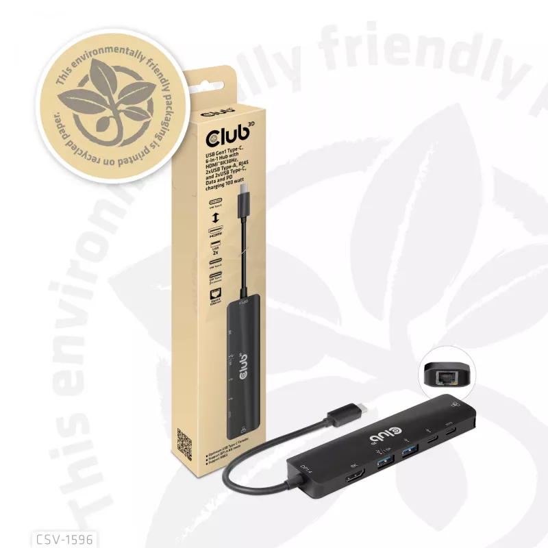 CLUB3D USB Gen1 Type-C, Hub 6 em 1 com HDMI 8K30Hz, 2xUSB Type-A, RJ45 e 2xUSB Type-C, dados e carregamento PD 100 Watt