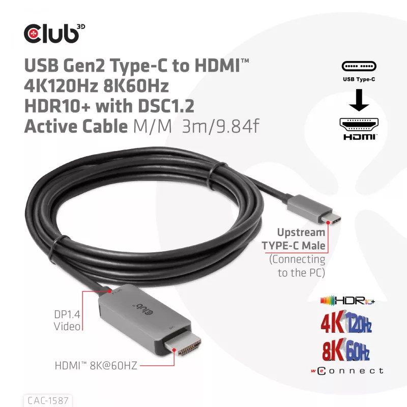 CLUB3D USB Gen2 Type-C para HDMI 4K120Hz 8K60Hz HDR10 com DSC1.2 cabo ativo M/M 3m / 9.84ft