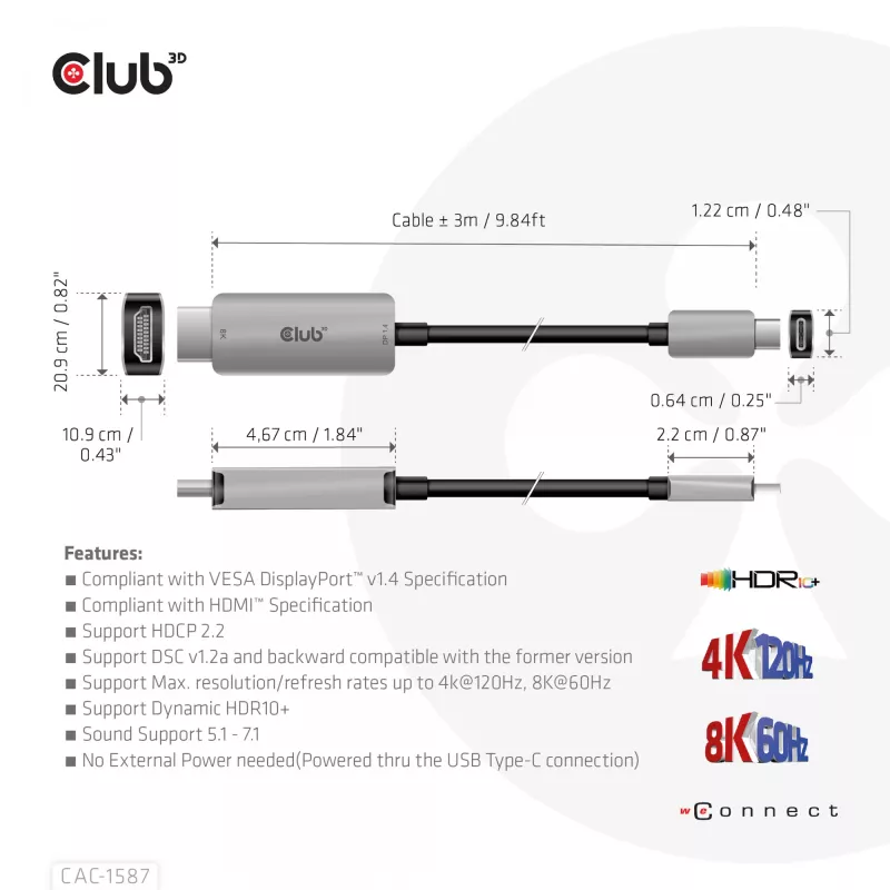 CLUB3D USB Gen2 Type-C para HDMI 4K120Hz 8K60Hz HDR10 com DSC1.2 cabo ativo M/M 3m / 9.84ft