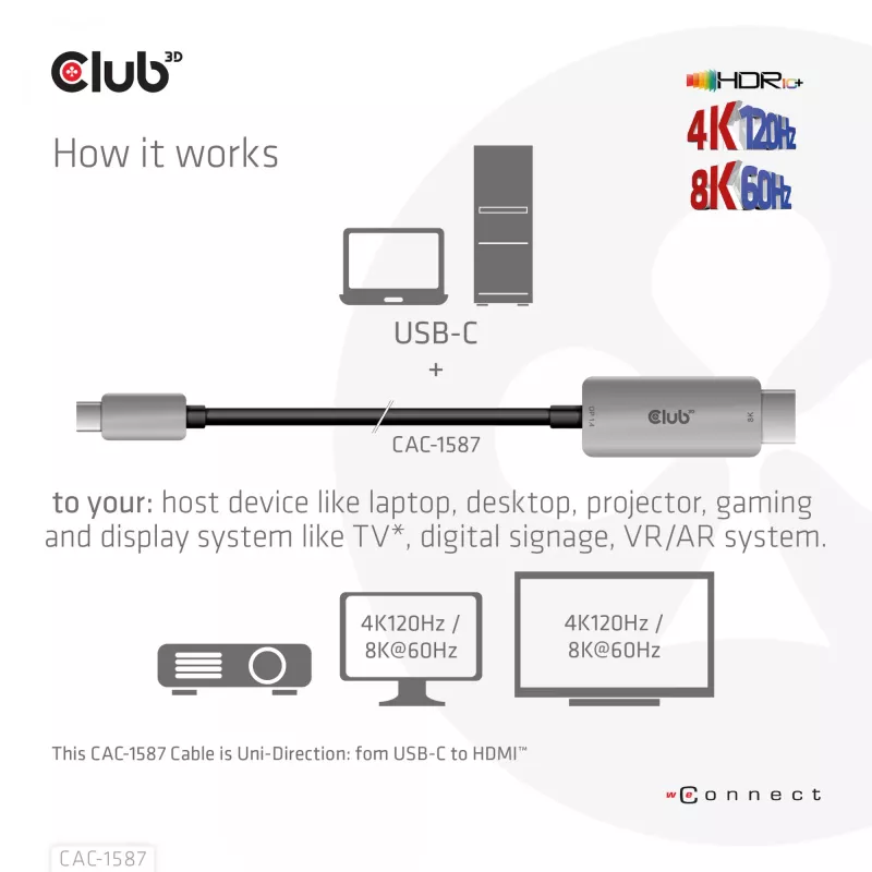 CLUB3D USB Gen2 Type-C para HDMI 4K120Hz 8K60Hz HDR10 com DSC1.2 cabo ativo M/M 3m / 9.84ft