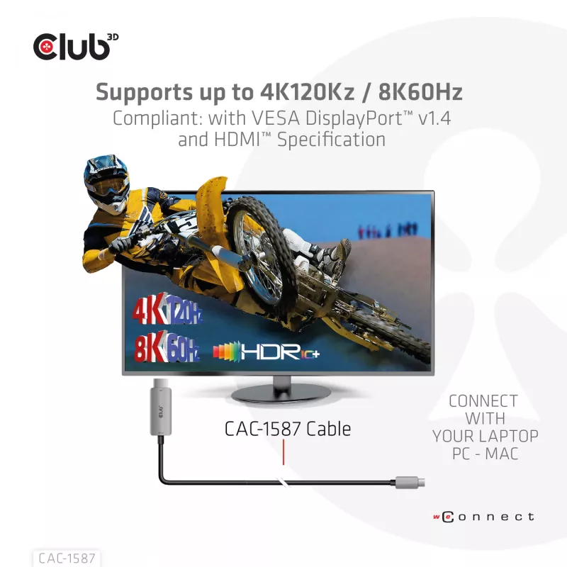 CLUB3D USB Gen2 Type-C para HDMI 4K120Hz 8K60Hz HDR10 com DSC1.2 cabo ativo M/M 3m / 9.84ft