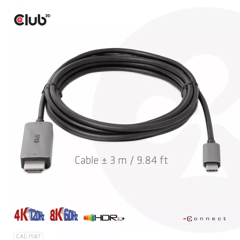 CLUB3D USB Gen2 Type-C para HDMI 4K120Hz 8K60Hz HDR10 com DSC1.2 cabo ativo M/M 3m / 9.84ft