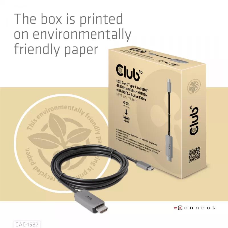CLUB3D USB Gen2 Type-C para HDMI 4K120Hz 8K60Hz HDR10 com DSC1.2 cabo ativo M/M 3m / 9.84ft
