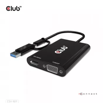 CLUB3D USB Gen1 Type-C/-A para Dual HDMI (4K/30Hz) / VGA (1080/60Hz)