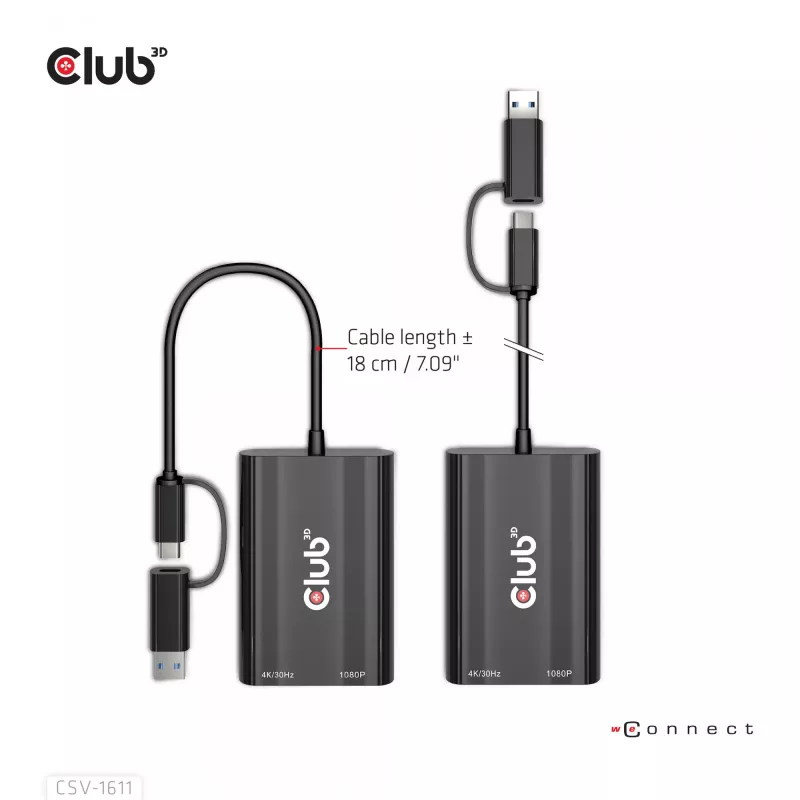CLUB3D USB Gen1 Type-C/-A para Dual HDMI (4K/30Hz) / VGA (1080/60Hz)