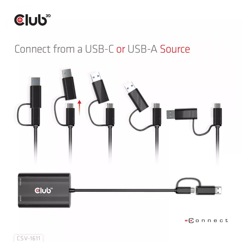 CLUB3D USB Gen1 Type-C/-A para Dual HDMI (4K/30Hz) / VGA (1080/60Hz)