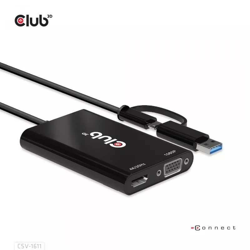 CLUB3D USB Gen1 Type-C/-A para Dual HDMI (4K/30Hz) / VGA (1080/60Hz)