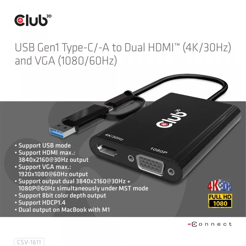 CLUB3D USB Gen1 Type-C/-A para Dual HDMI (4K/30Hz) / VGA (1080/60Hz)