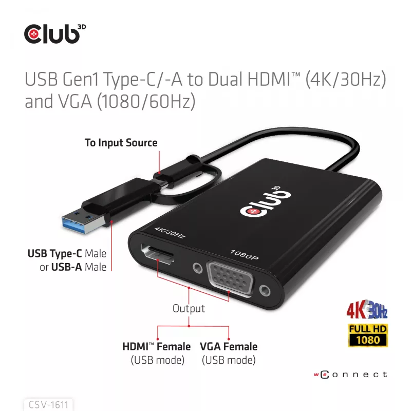 CLUB3D USB Gen1 Type-C/-A para Dual HDMI (4K/30Hz) / VGA (1080/60Hz)