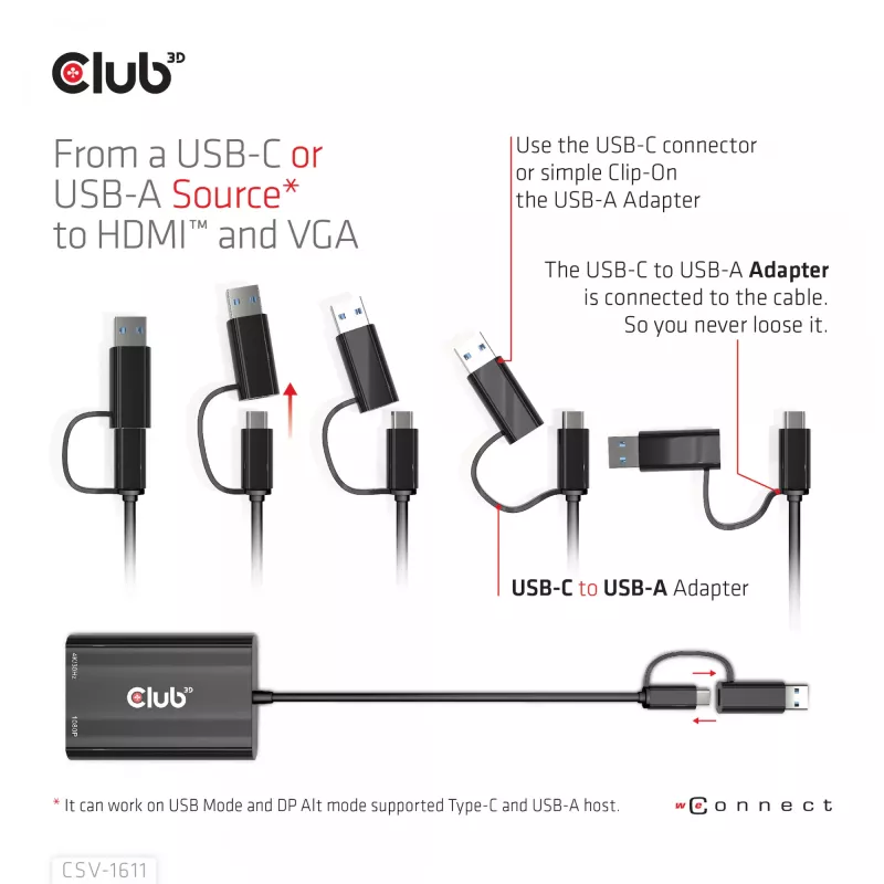 CLUB3D USB Gen1 Type-C/-A para Dual HDMI (4K/30Hz) / VGA (1080/60Hz)